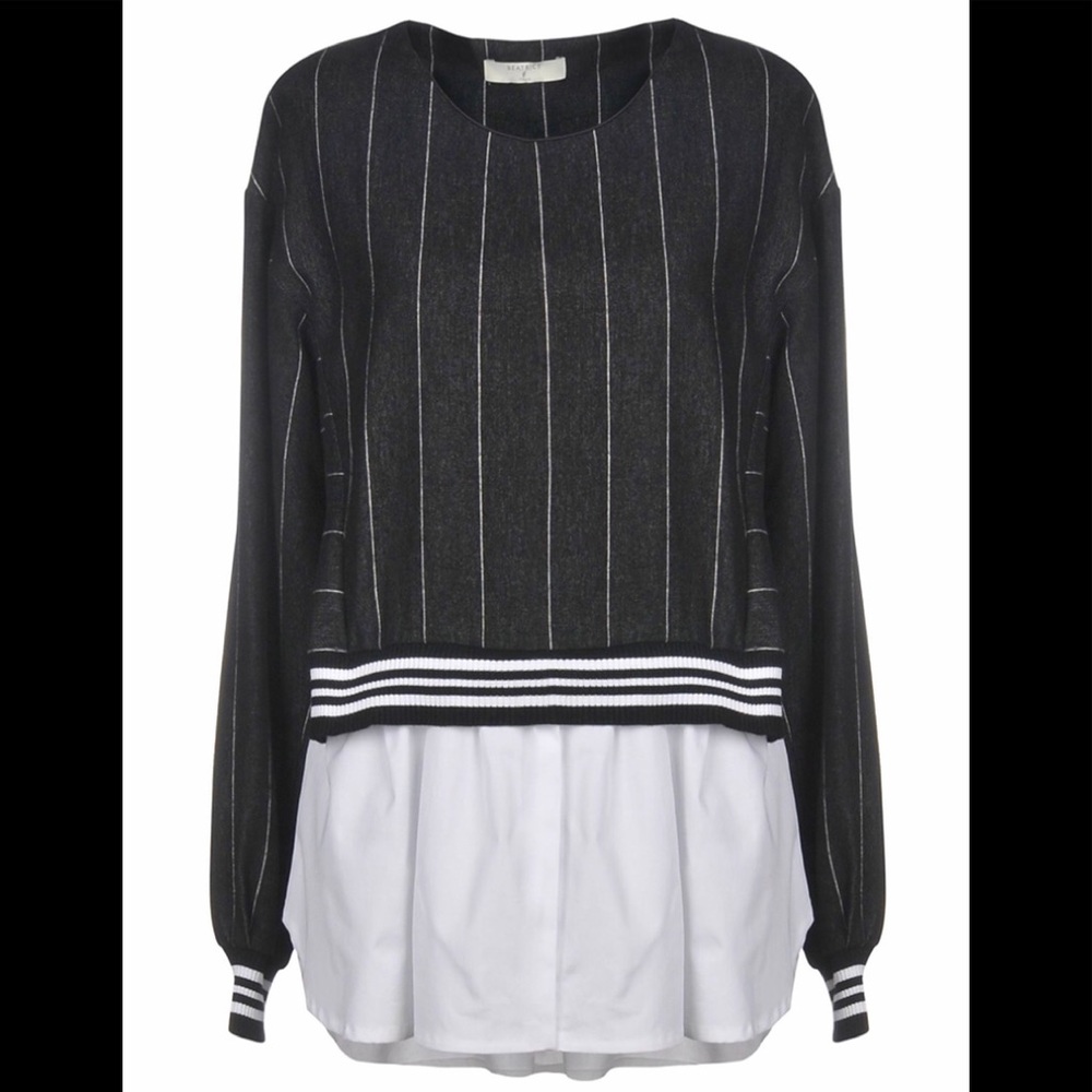 Navy pinstripe crop blouse white underlay BNWT